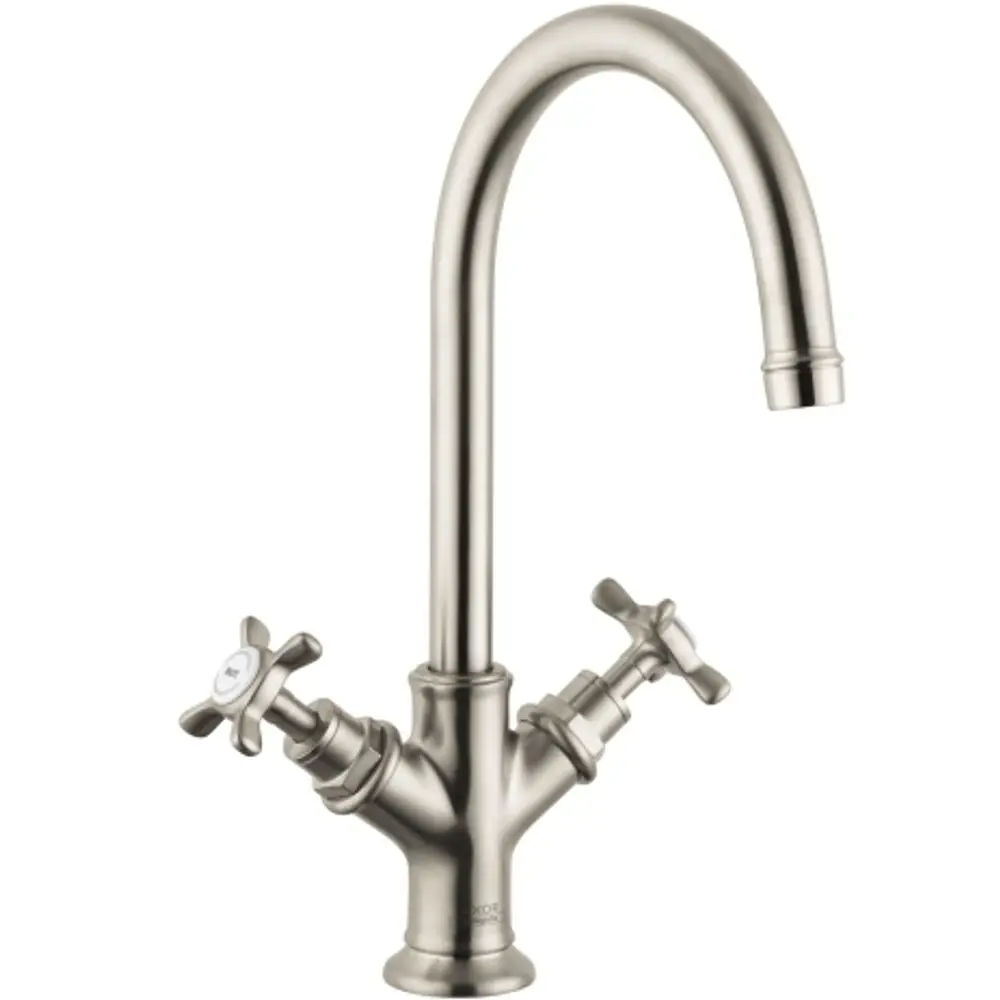 Brushed-Nickel-Waschtischarmatur mit zwei Kreuzgriffen und Zugstangen-Ablaufgarnitur von AXOR, präsentiert in einem klassischen Design.